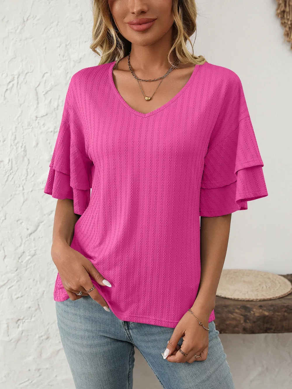 V-Neck Ruffle Half Sleeve Top, image 6