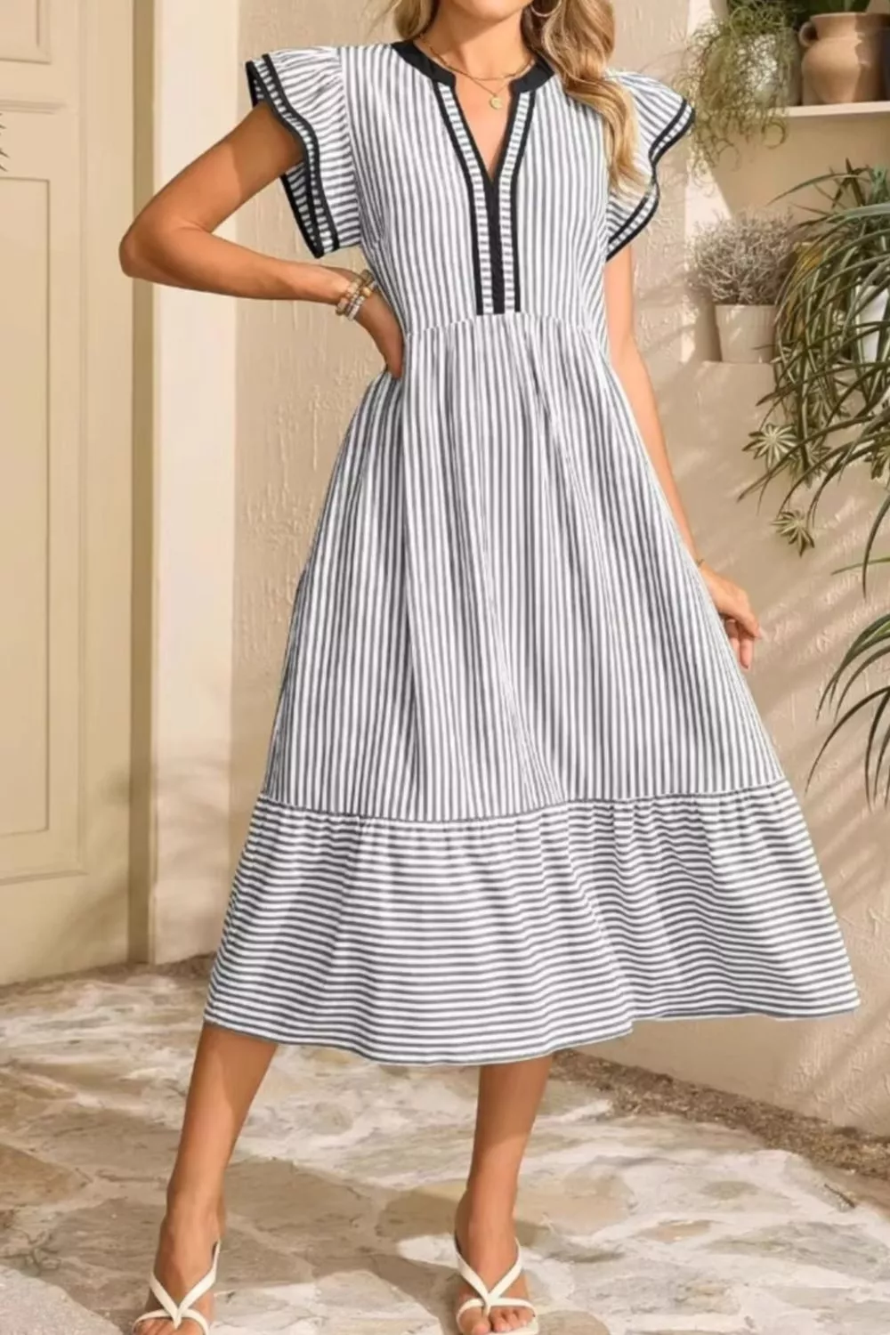 Striped Ruffle Sleeve Midi Dress, image 8