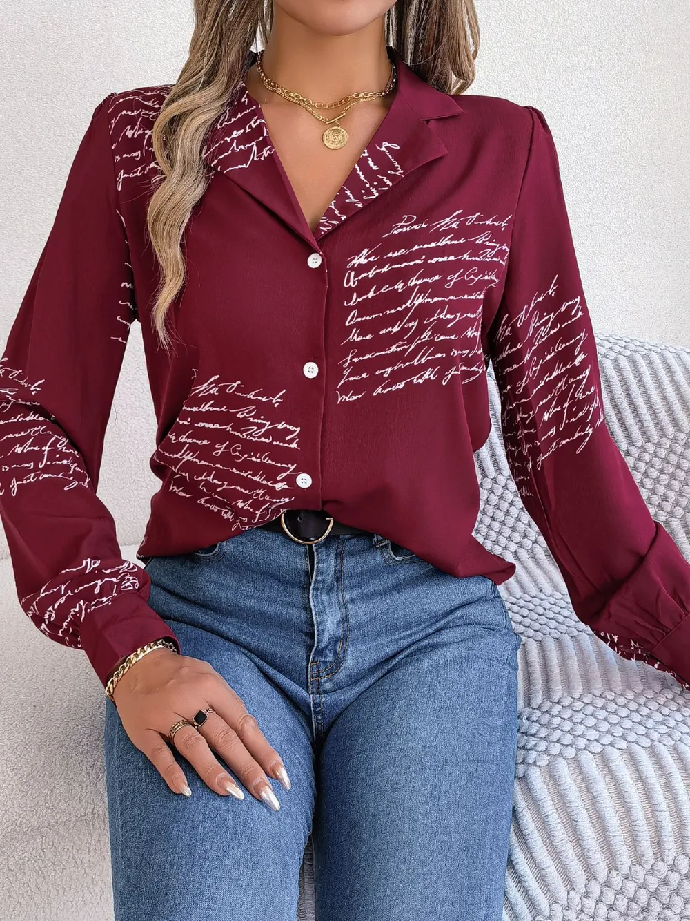 Letter Printed Button Up Long Sleeve Blouse, image 3