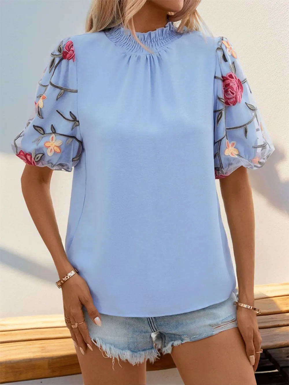 Embroidered Mock Neck Puff Sleeve Blouse, image 3
