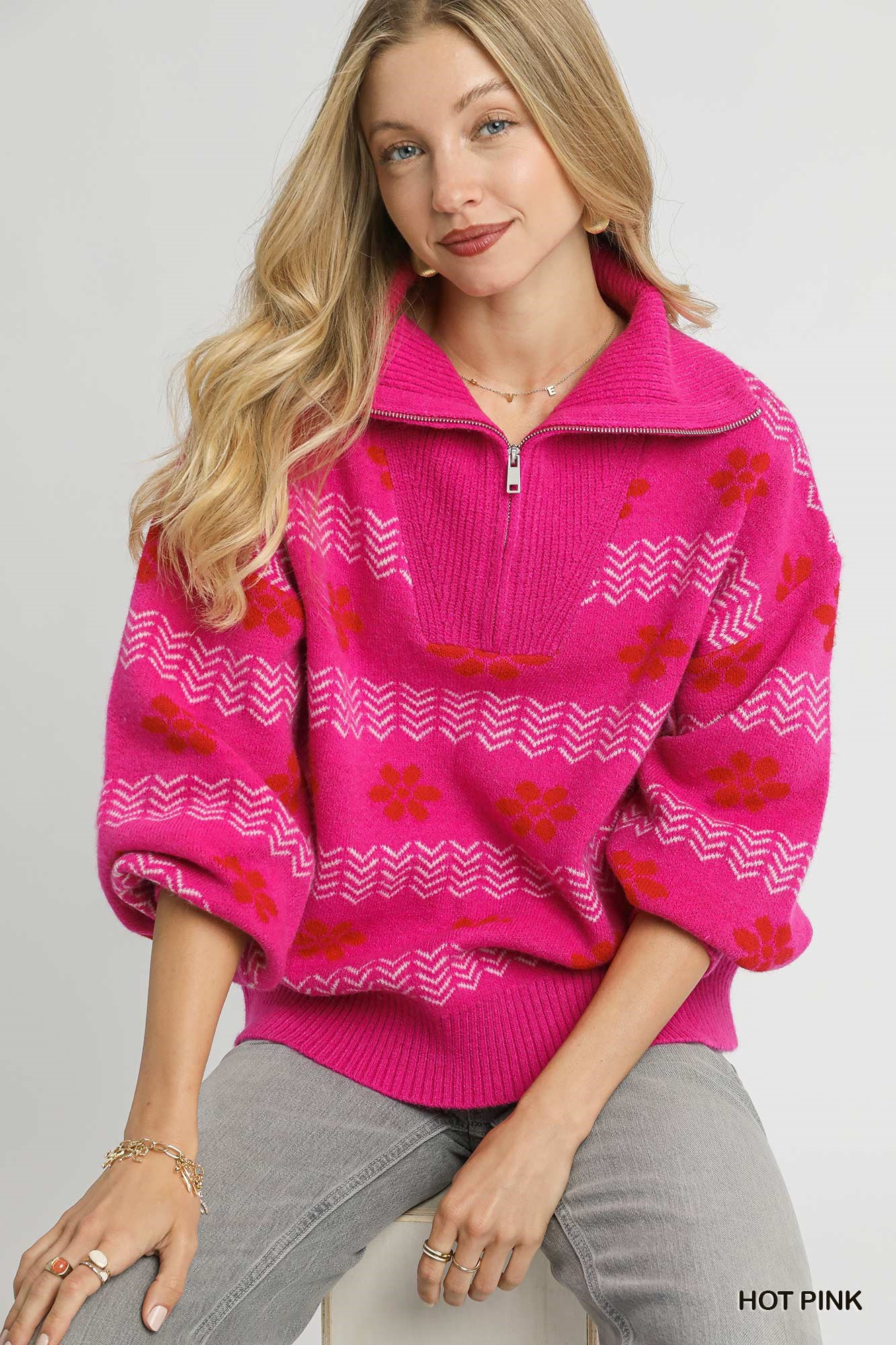 Floral Patterned Jacquard Quarter-Zip Pullover Sweater, image 3