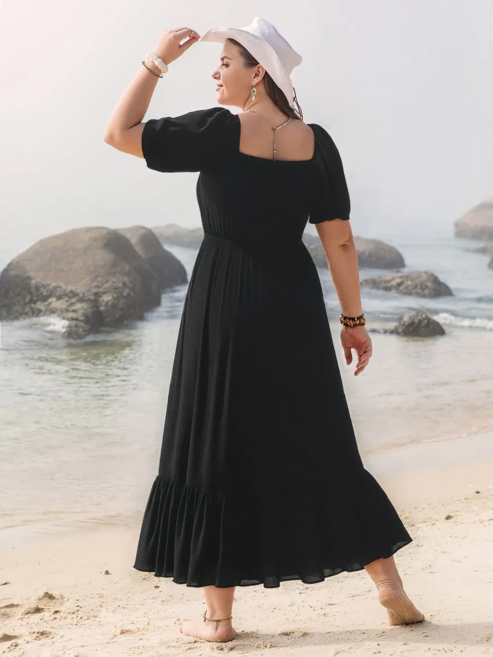 Plus Size Ruffled Hem Square Neck Short Sleeve Dress, image 4