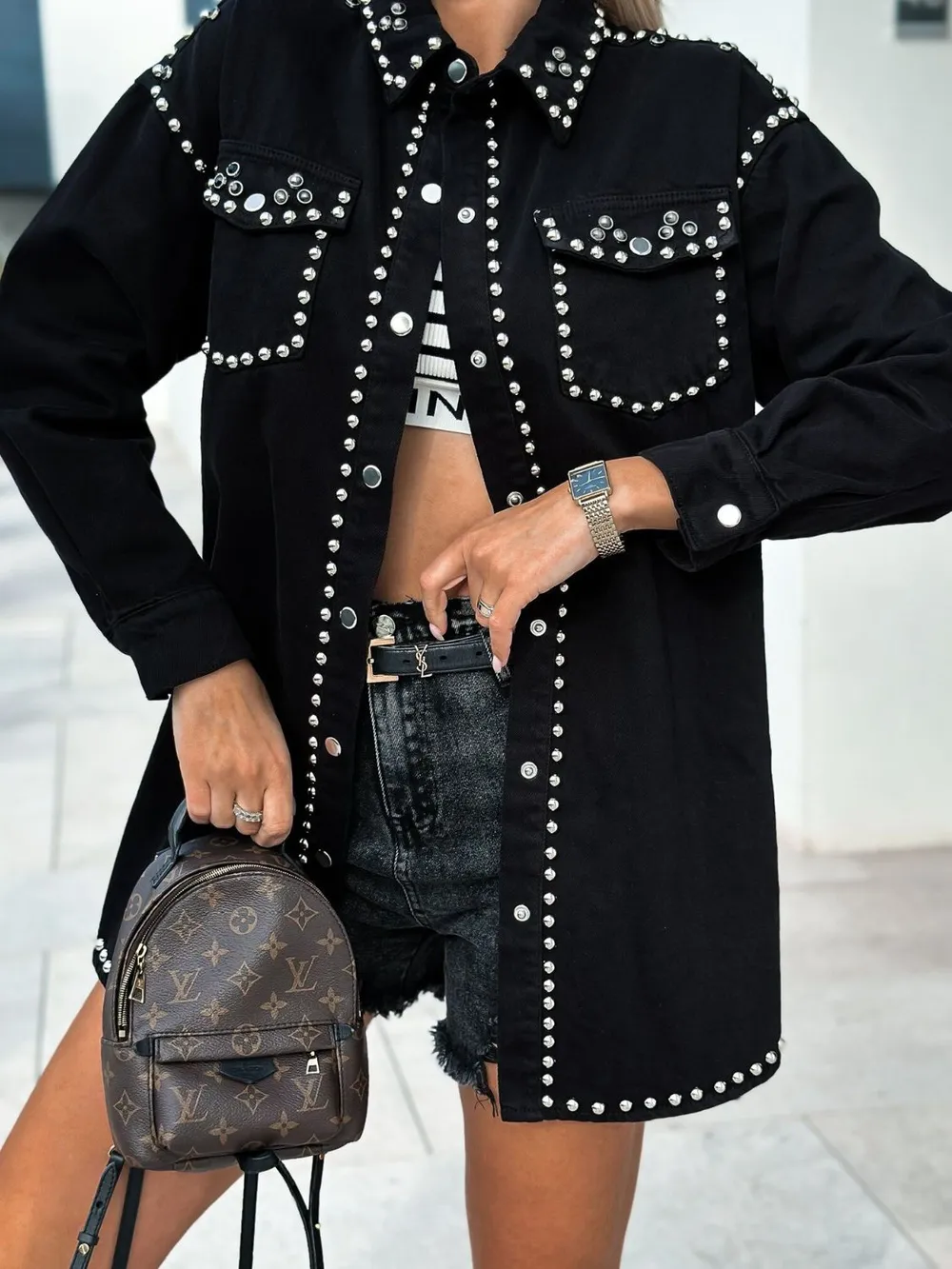 Studded Snap Down Long Sleeve Denim Shacket, image 4