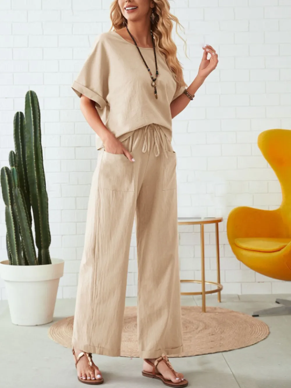 Round Neck Half Sleeve Top and Pocketed Pants Set, image 7