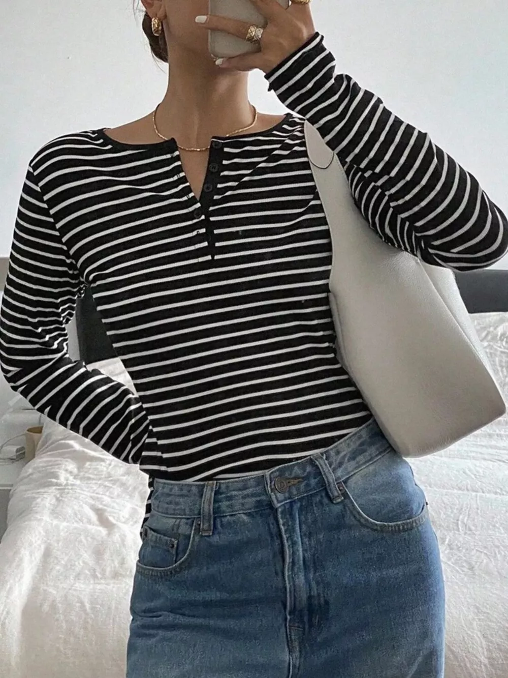 Long Sleeve Striped Henley T-Shirt