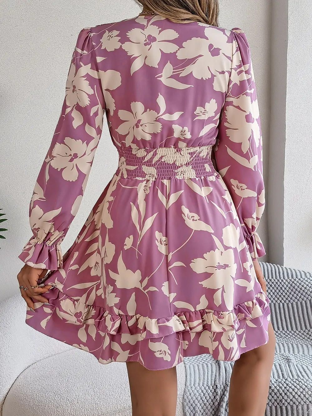 Tied Ruffled Printed Long Sleeve Dress, image 5