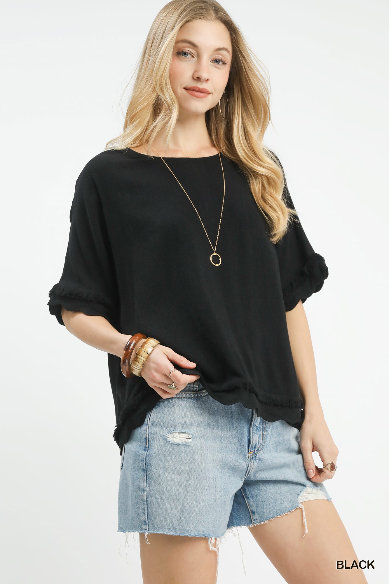 Linen Frayed Hem Scallop Edge Top, image 2