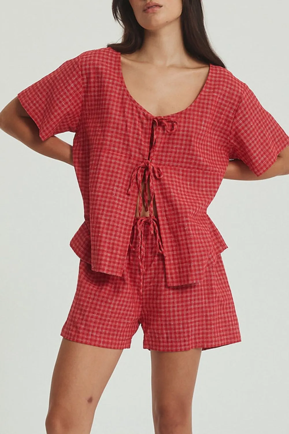 Plaid Tied Scoop Neck Short Sleeve Top and Drawstring Shorts Set, image 5