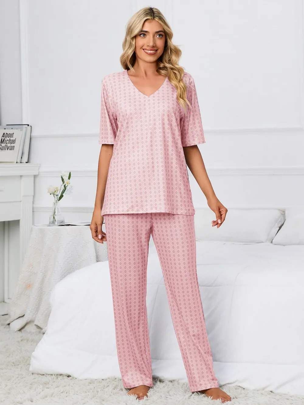 Printed V-Neck Top and Pants Lounge Set, image 6