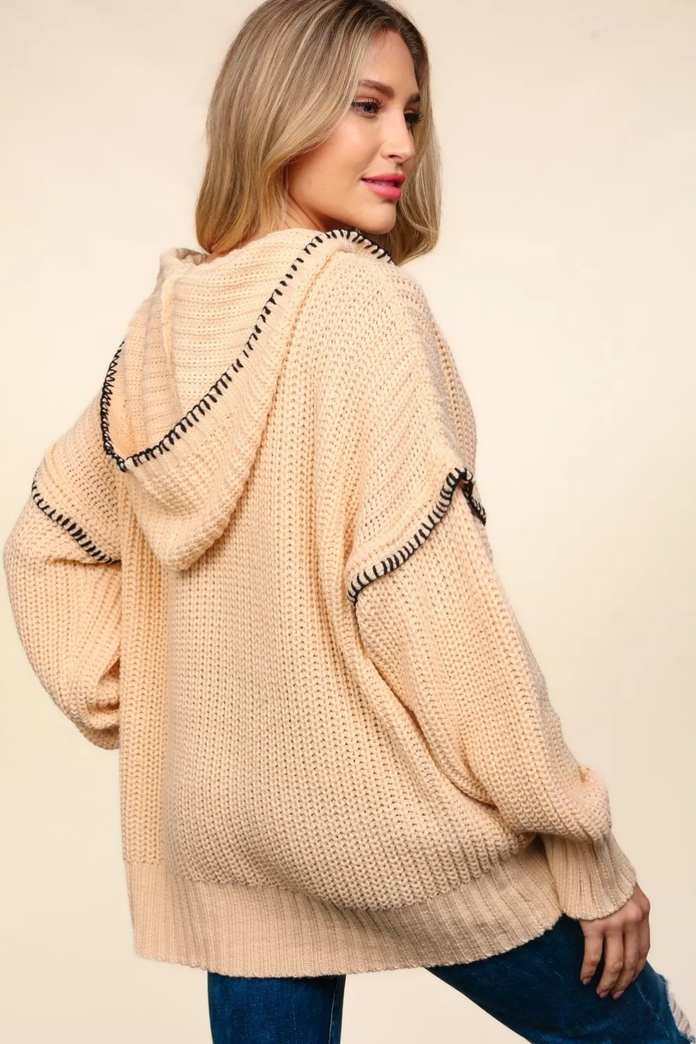 Contrast Stitching Long Sleeve Hooded Sweater, image 2