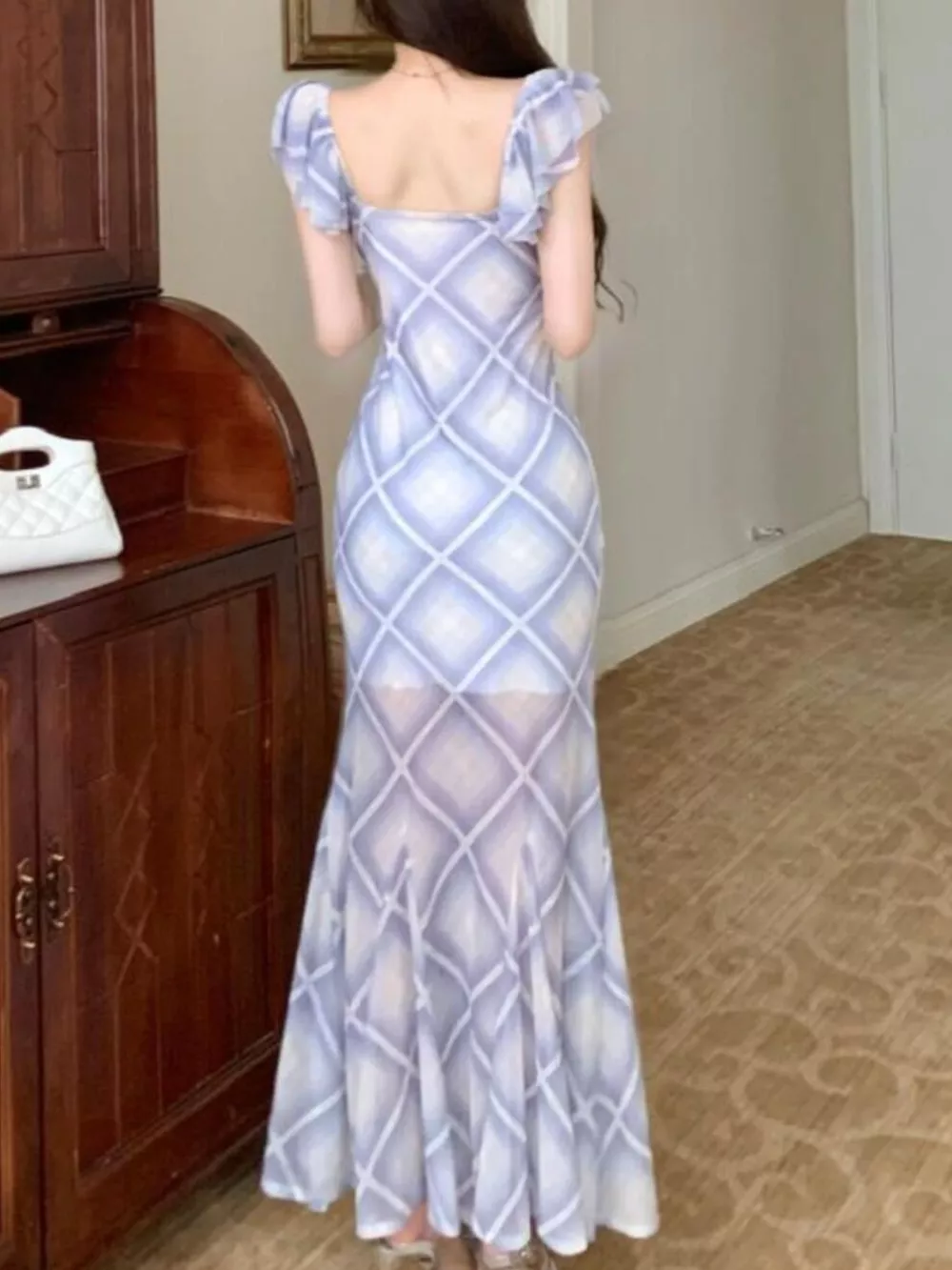 Plaid Ruffle Cap Sleeve Bodycon Maxi Dress, image 15