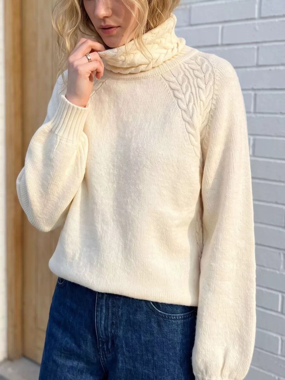 Cable-Knit Turtleneck Long Sleeve Sweater, image 6