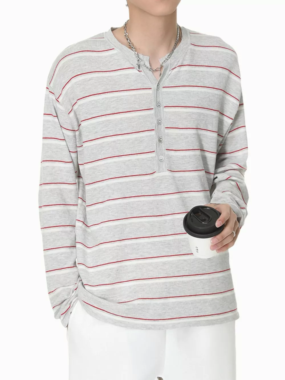 Men's Striped Button Detail Henley T-Shirt, image 11