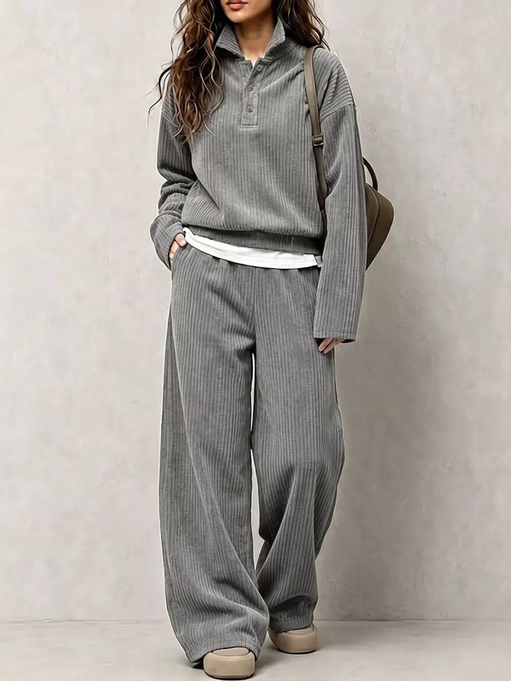 Corduroy Button Detail Top and Wide-Leg Pants Set, image 7