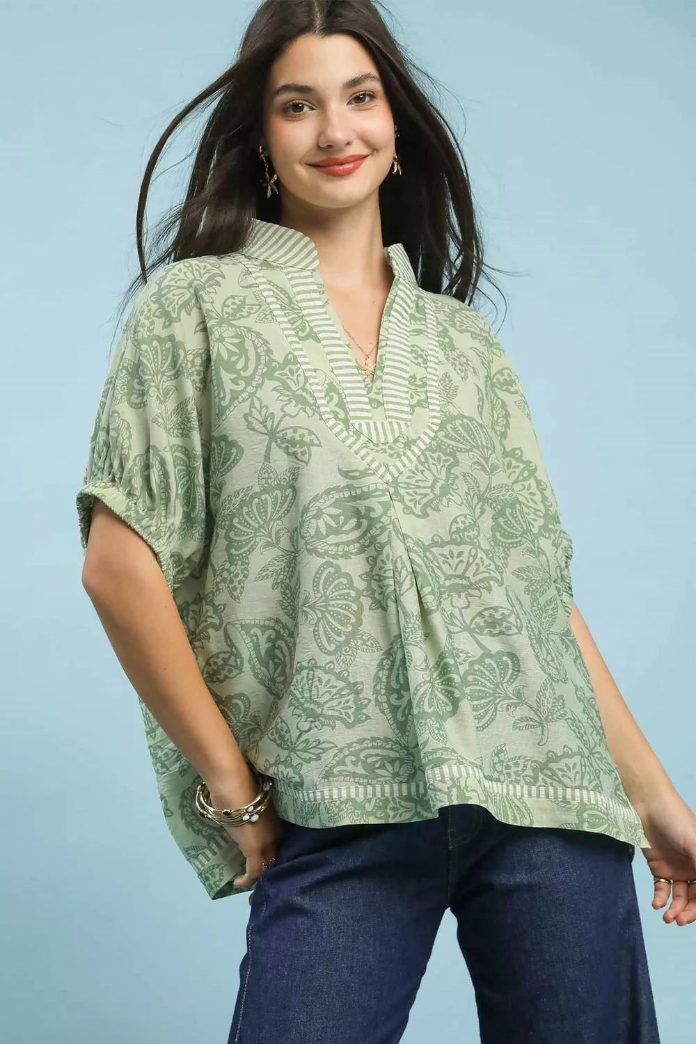 Botanical Print Mixed Trim Tunic Top