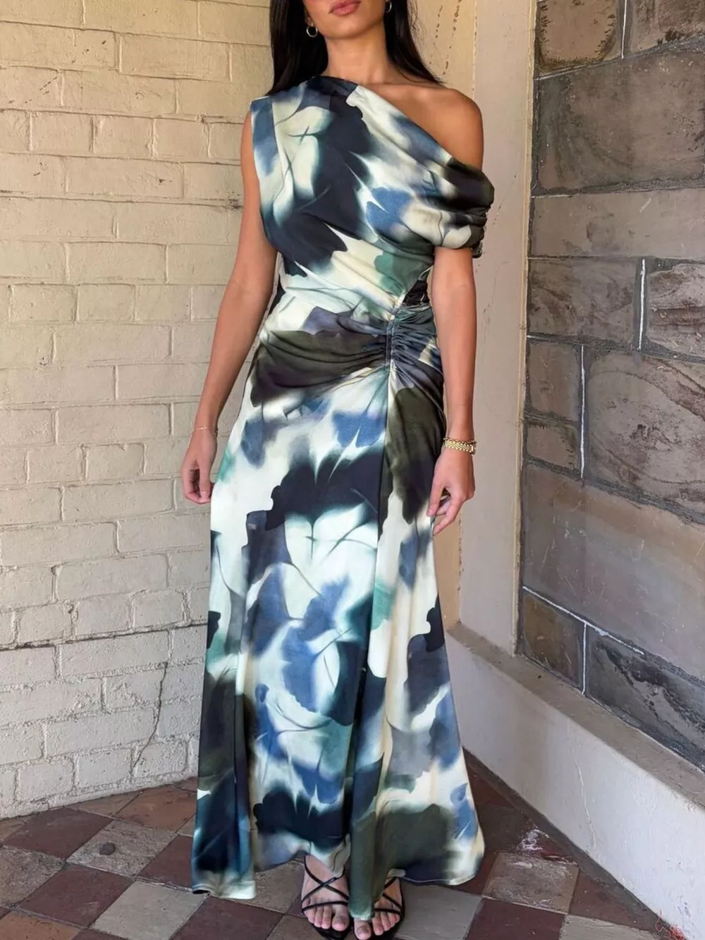 One-Shoulder Floral Print Maxi Dress, image 2