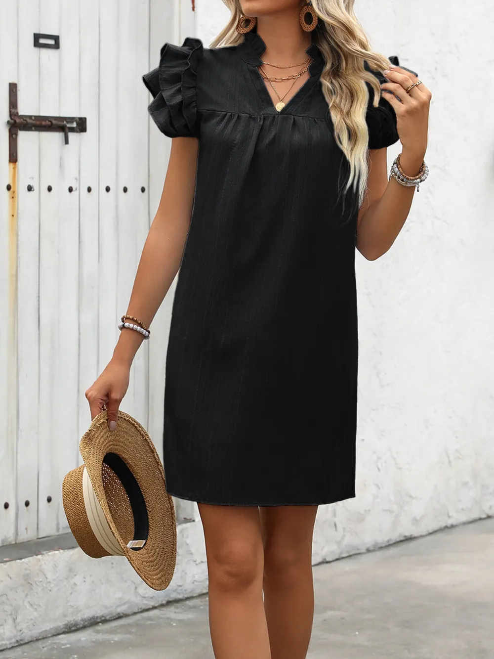 Ruffled Notched Cap Sleeve Mini Dress, image 12