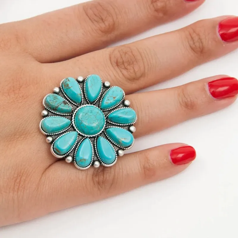 Artificial Turquoise Alloy Flower Ring, image 4