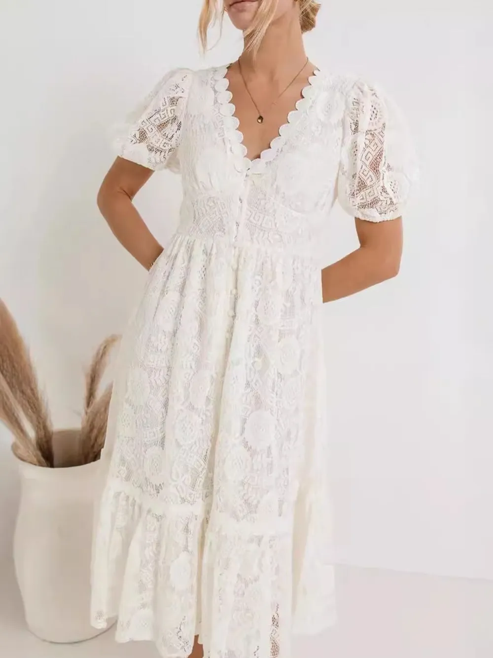 Lace V-Neck Short Sleeve Dress, image 3