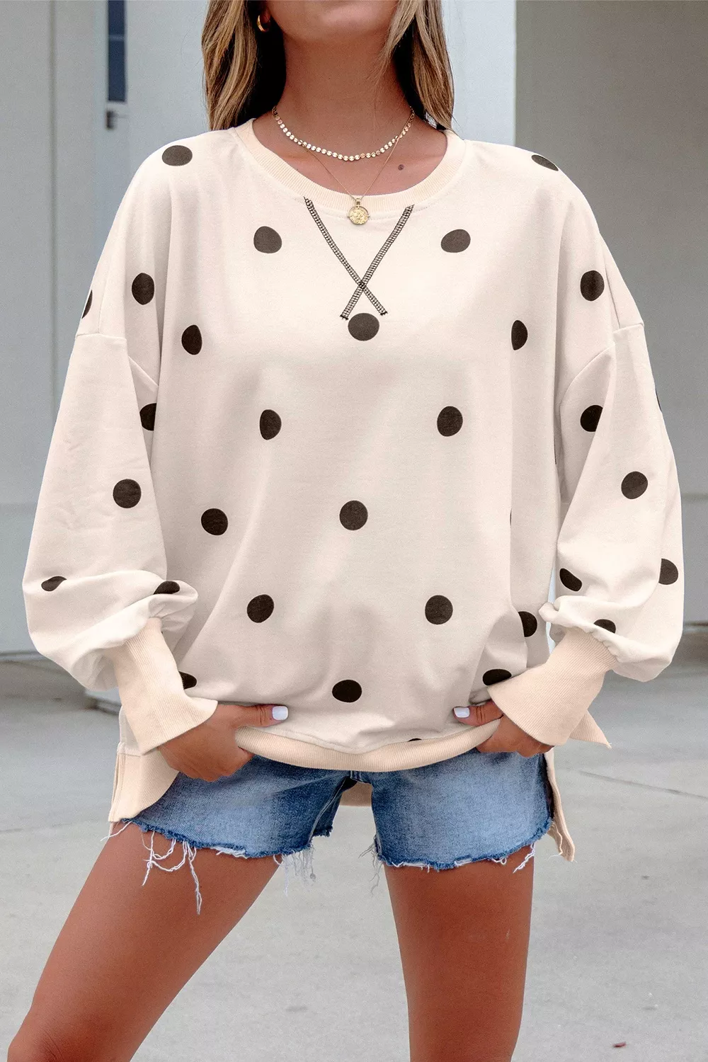 Loose-fit Long Sleeve Round Neck Polka Dot Tunic Sweatshirt, image 5