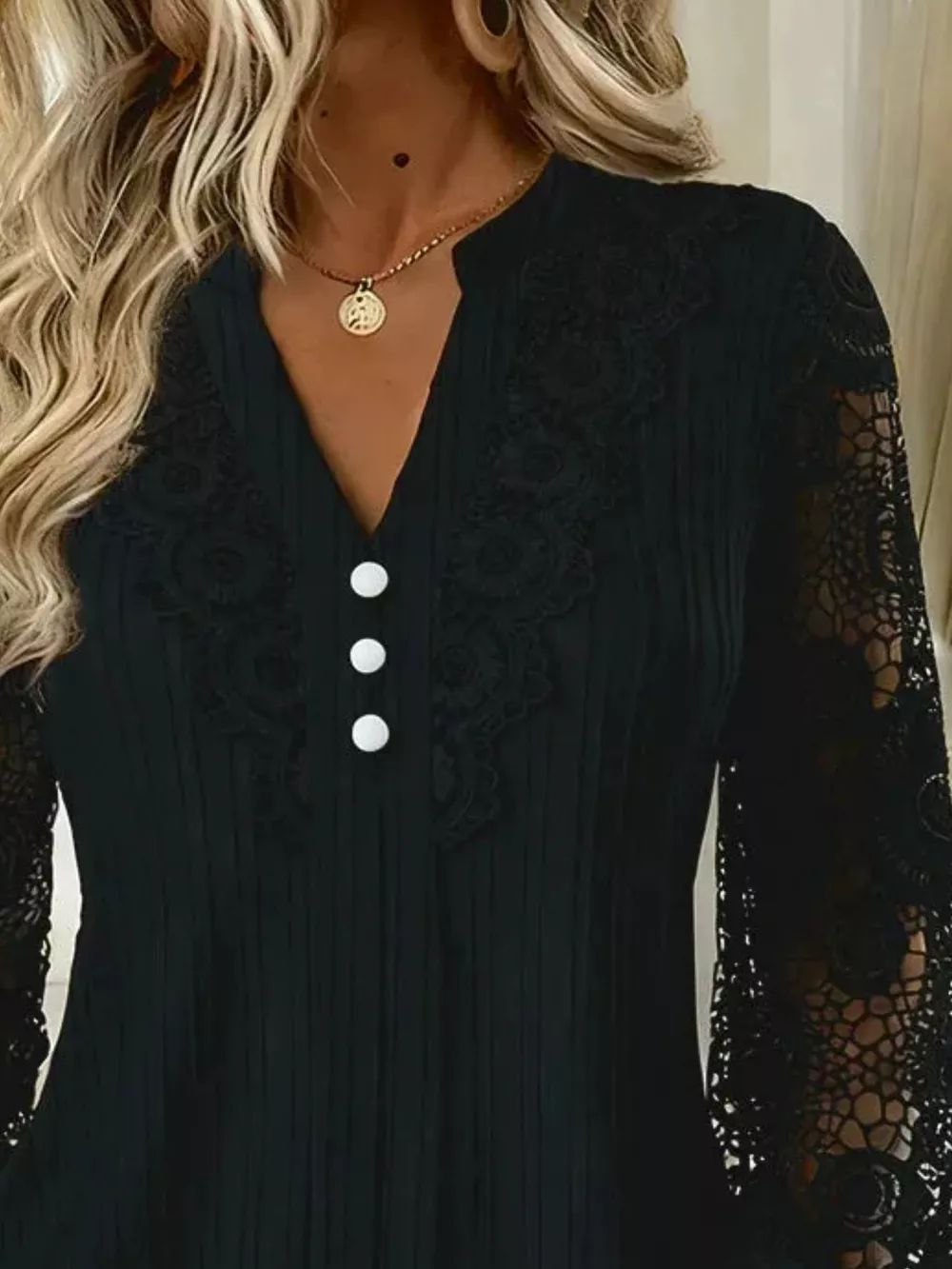 Lace Long Sleeve Notched Blouse, image 8