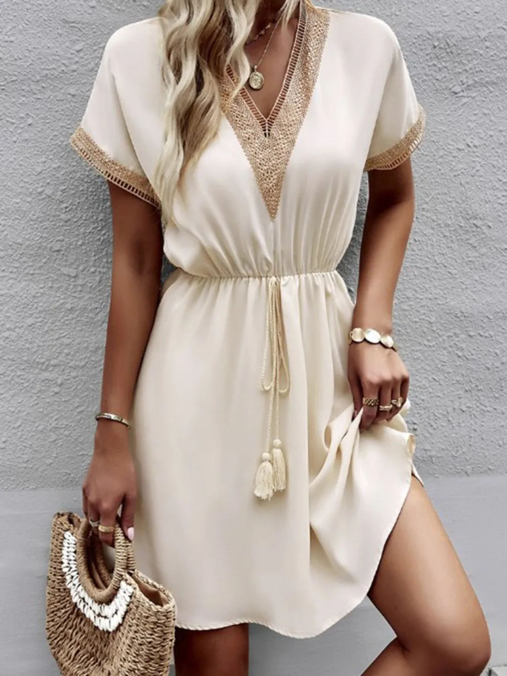 Full Size Tassel V-Neck Short Sleeve Dress Plus Size, image 7