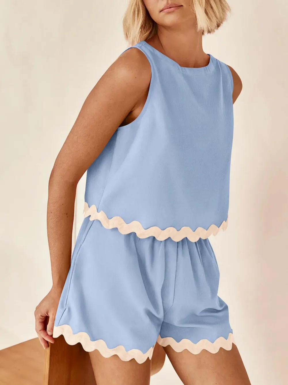 Contrast Trim Round Neck Top and Shorts Set, image 7