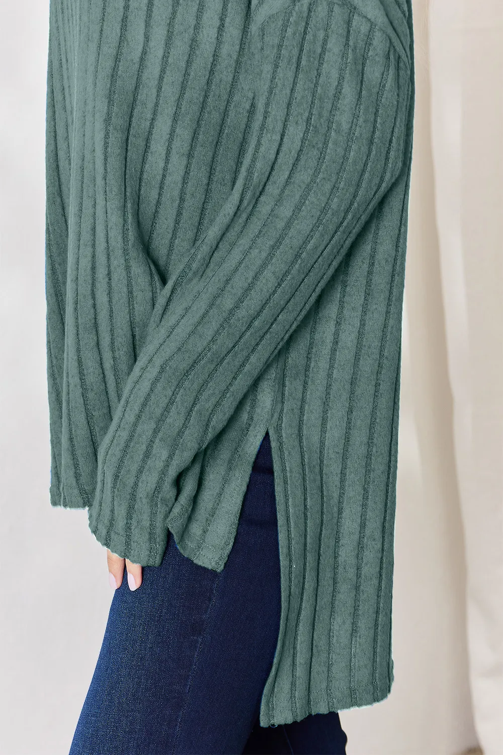 Full Size Ribbed Half Button Long Sleeve High-Low T-Shirt, image 12