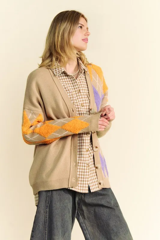 Argyle V-Neck Dropped Shoulder Cardigan, image 3