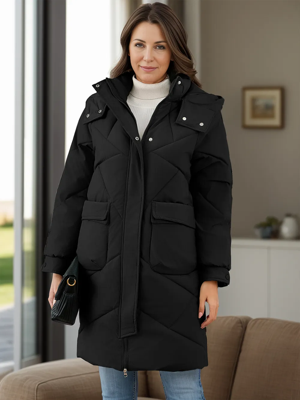 Long Sleeve Longline Hooded Winter Coat with Pockets, image 2