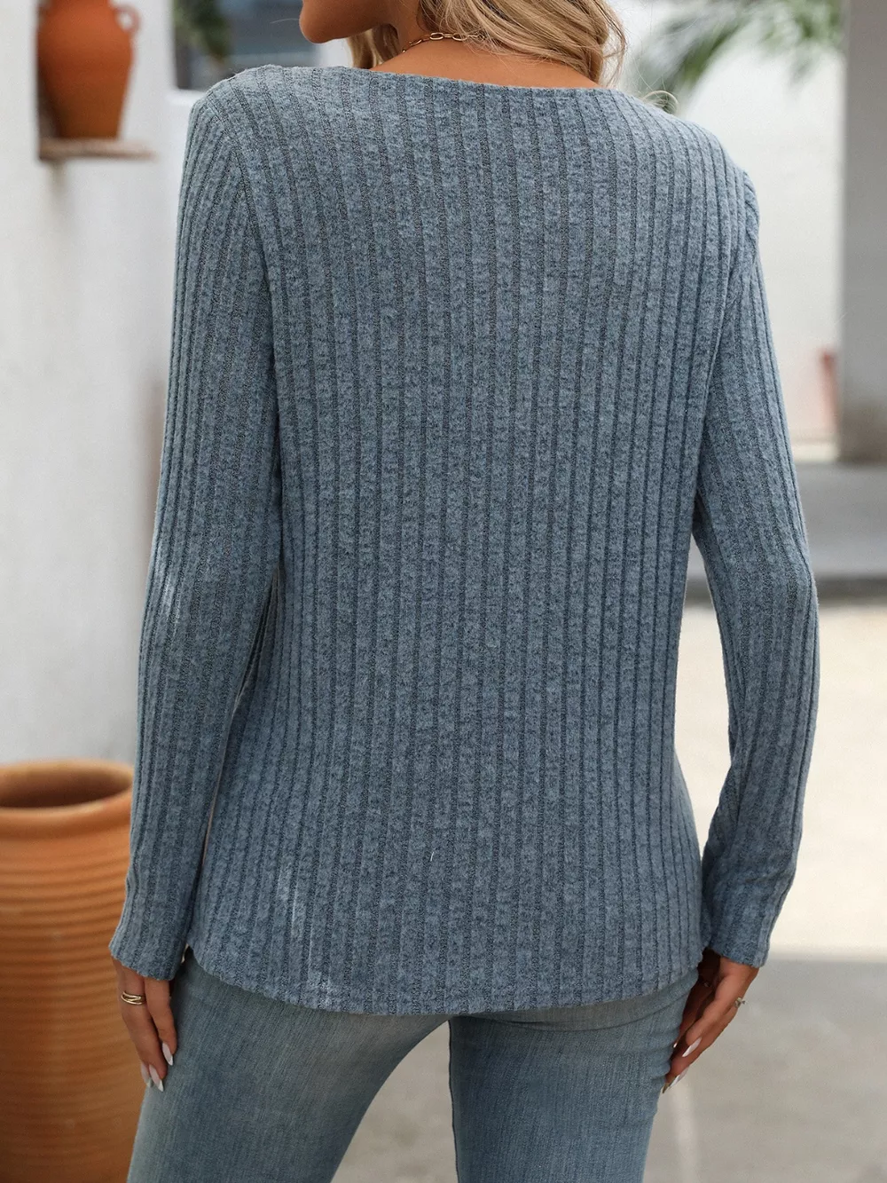 Ribbed Knit Long Sleeve Button Detail T-Shirt, image 9