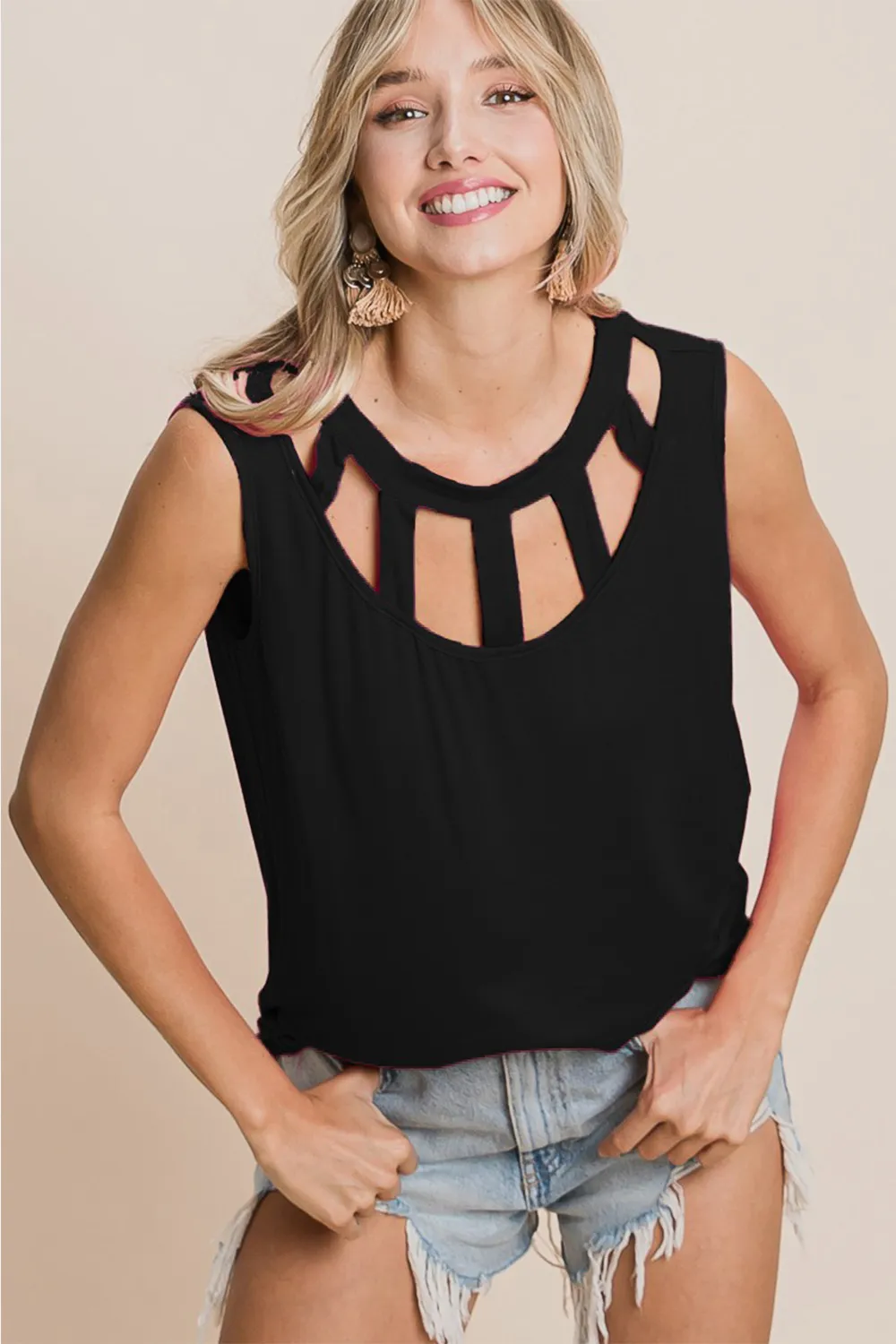 Cutout Round Neck Sleeveless Top