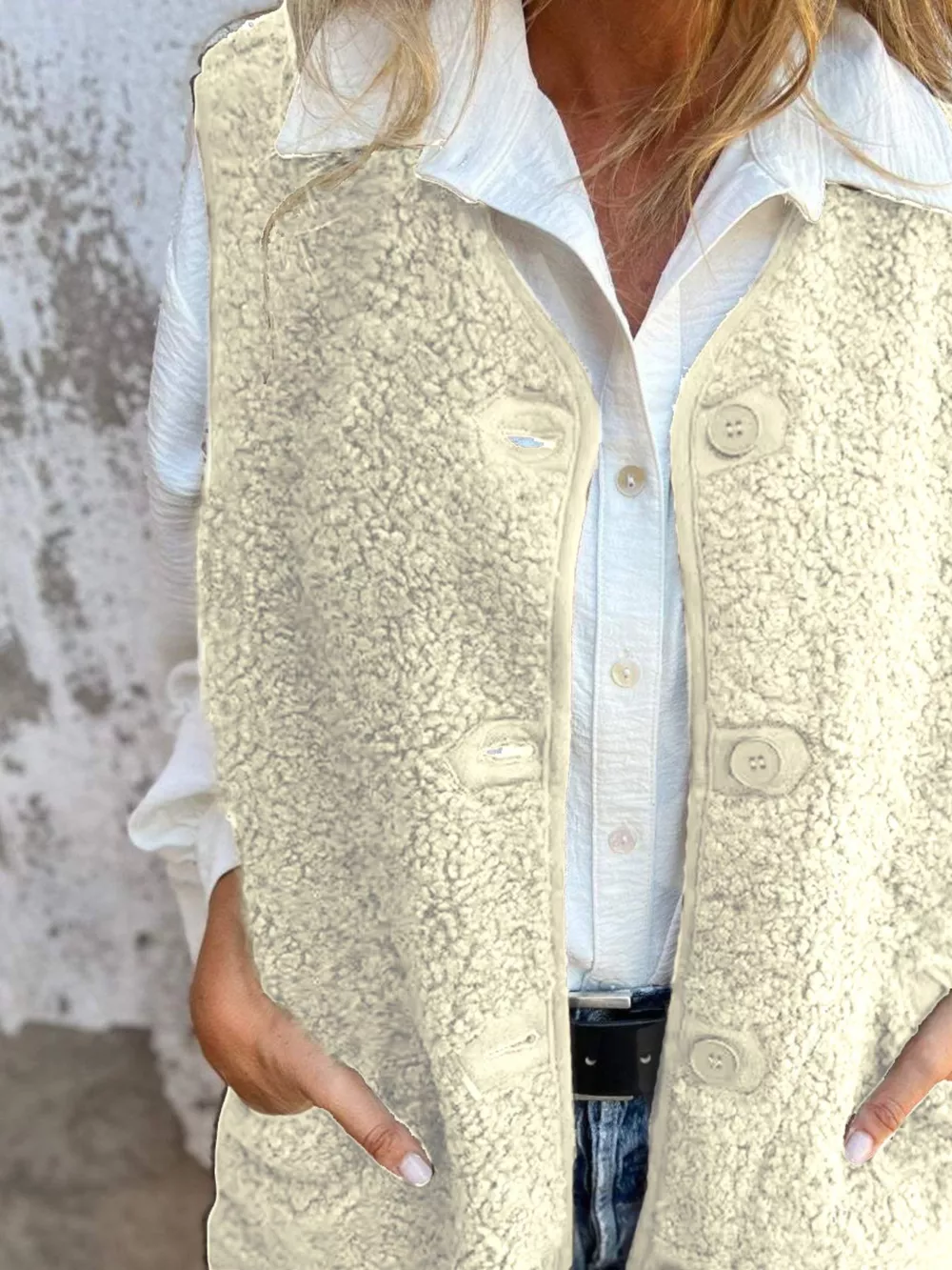 Full Size Cozy Sherpa Fleece Button-Up Vest Coat with Pockets Plus Size, image 12