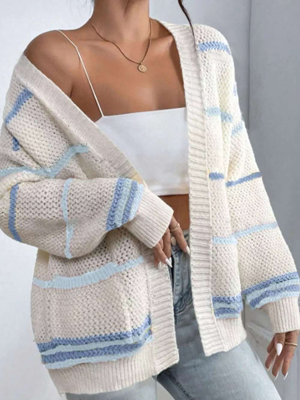 Striped Open Front Knit Cardigan, image 3