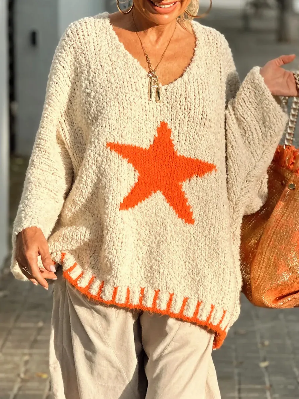 Star V-Neck Long Sleeve Oversize Sweater, image 3