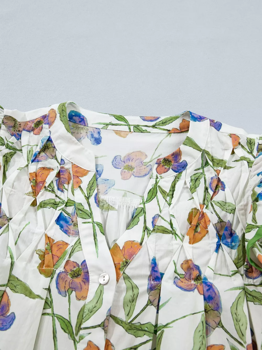 Floral Print Ruffle V-Neck Pressed Pleats Binding Tape Cotton Blouse, image 8
