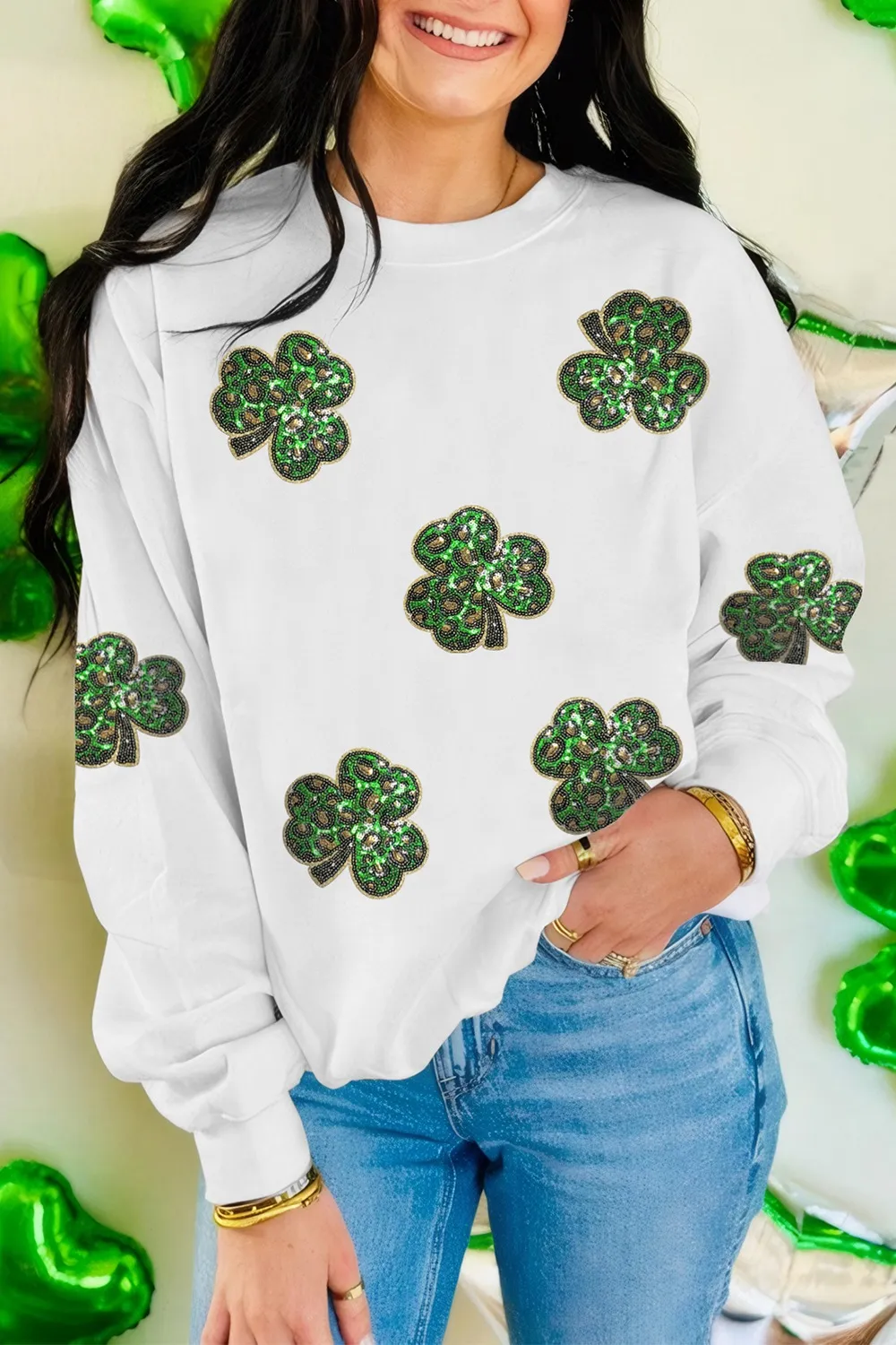 Sequin Lucky Clover Long Sleeve Sweatshirt, image 3