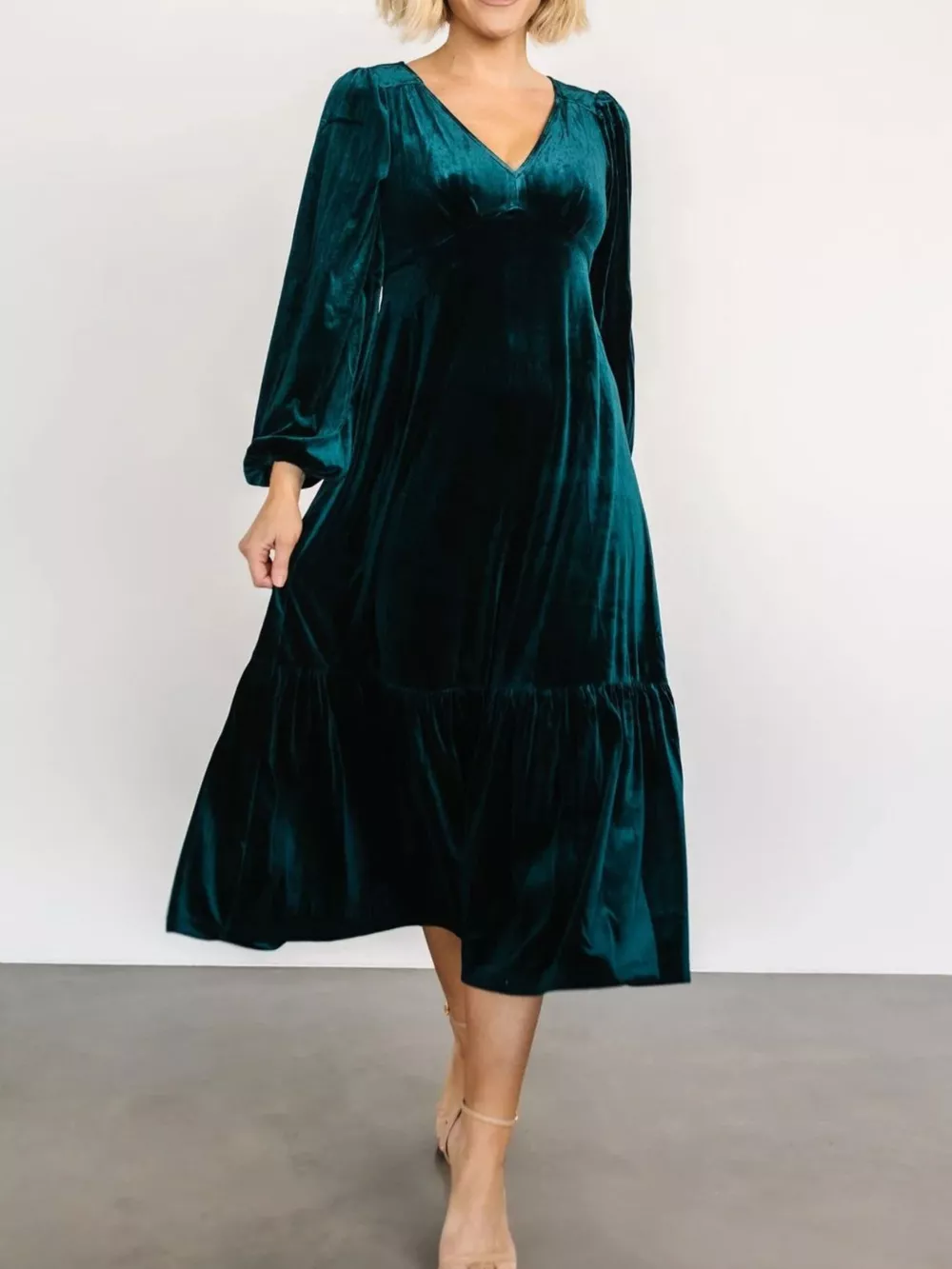 Velvet Tiered Long Sleeve Midi Dress, image 7