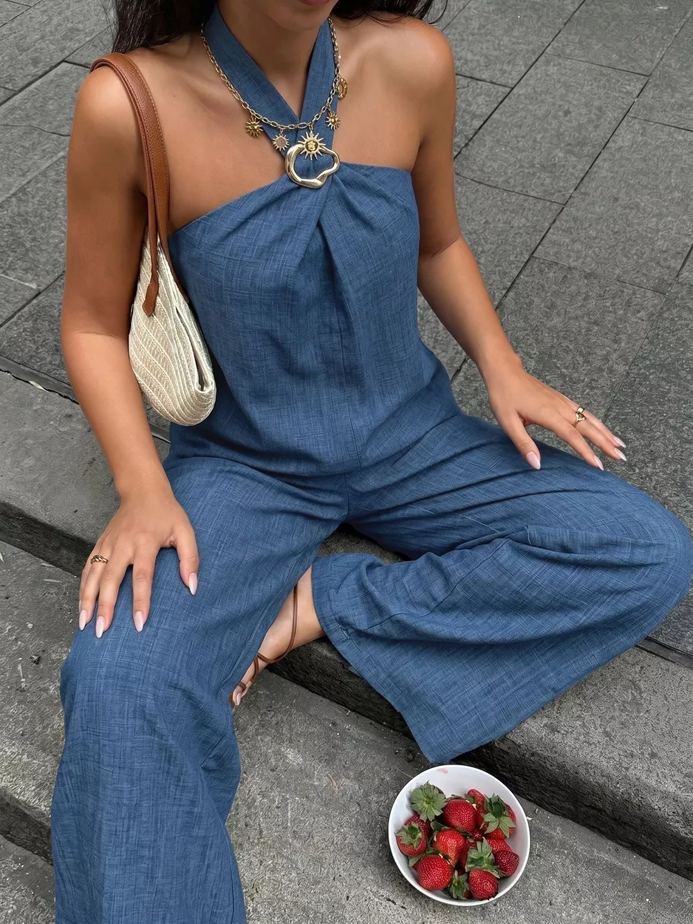 Halter Neck Top and Wide-Leg Pants Set, image 3