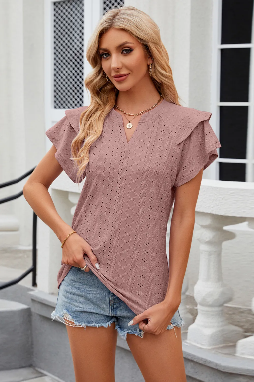Eyelet Notched Short Sleeve T-Shirt, image 29