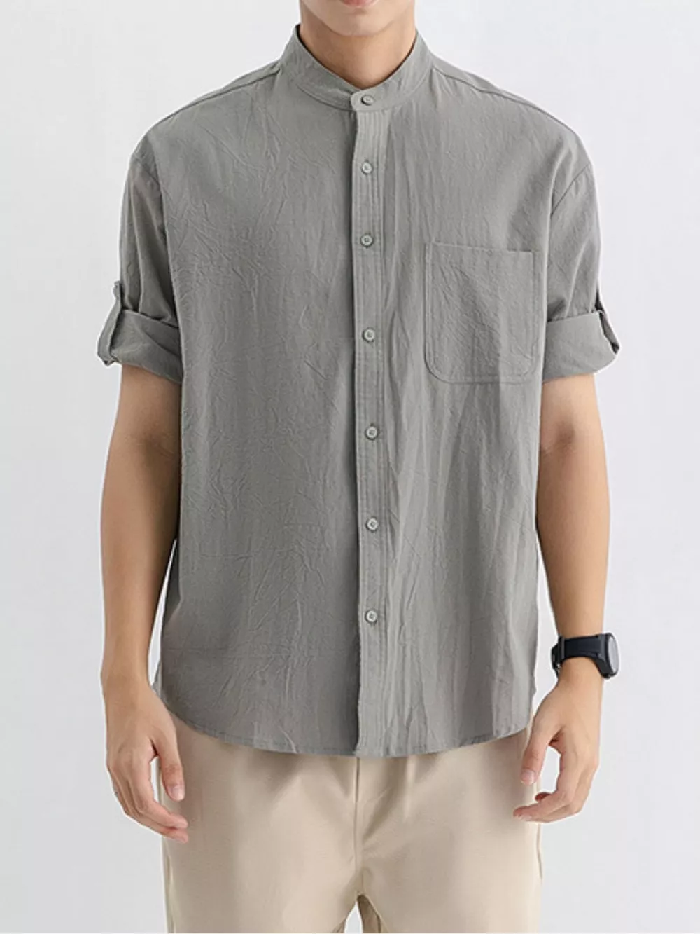 Men's Plus Size Casual Button Up Roll Up Sleeve Shirt, image 2