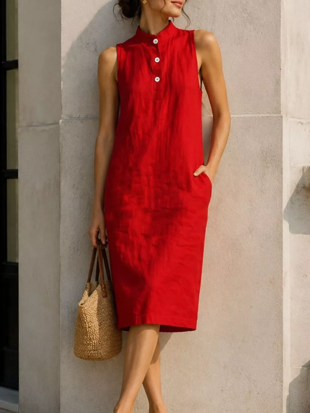Button Detail Sleeveless Midi Dress, image 2