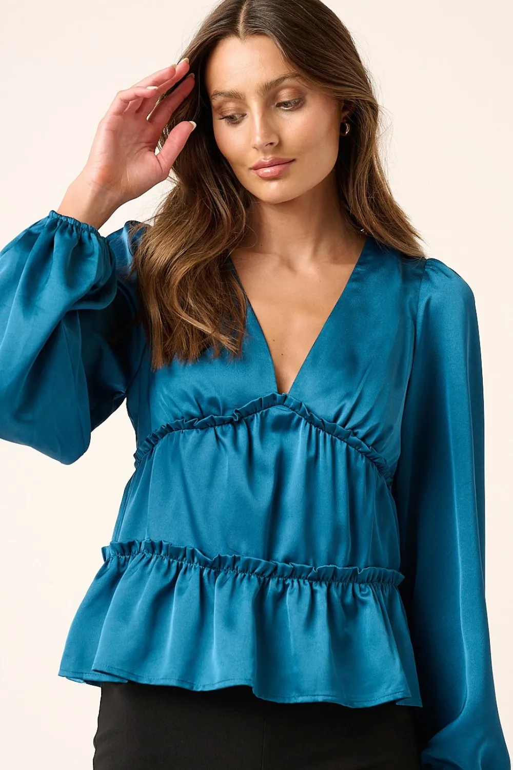 Satin V Neck Ruffled Tier Blouse, image 4