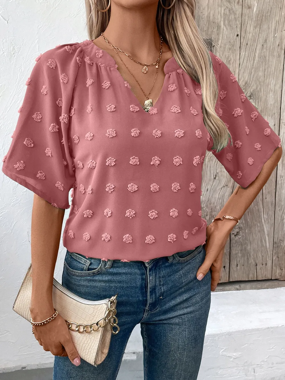 Swiss Dot Notched Half Sleeve Blouse, image 10