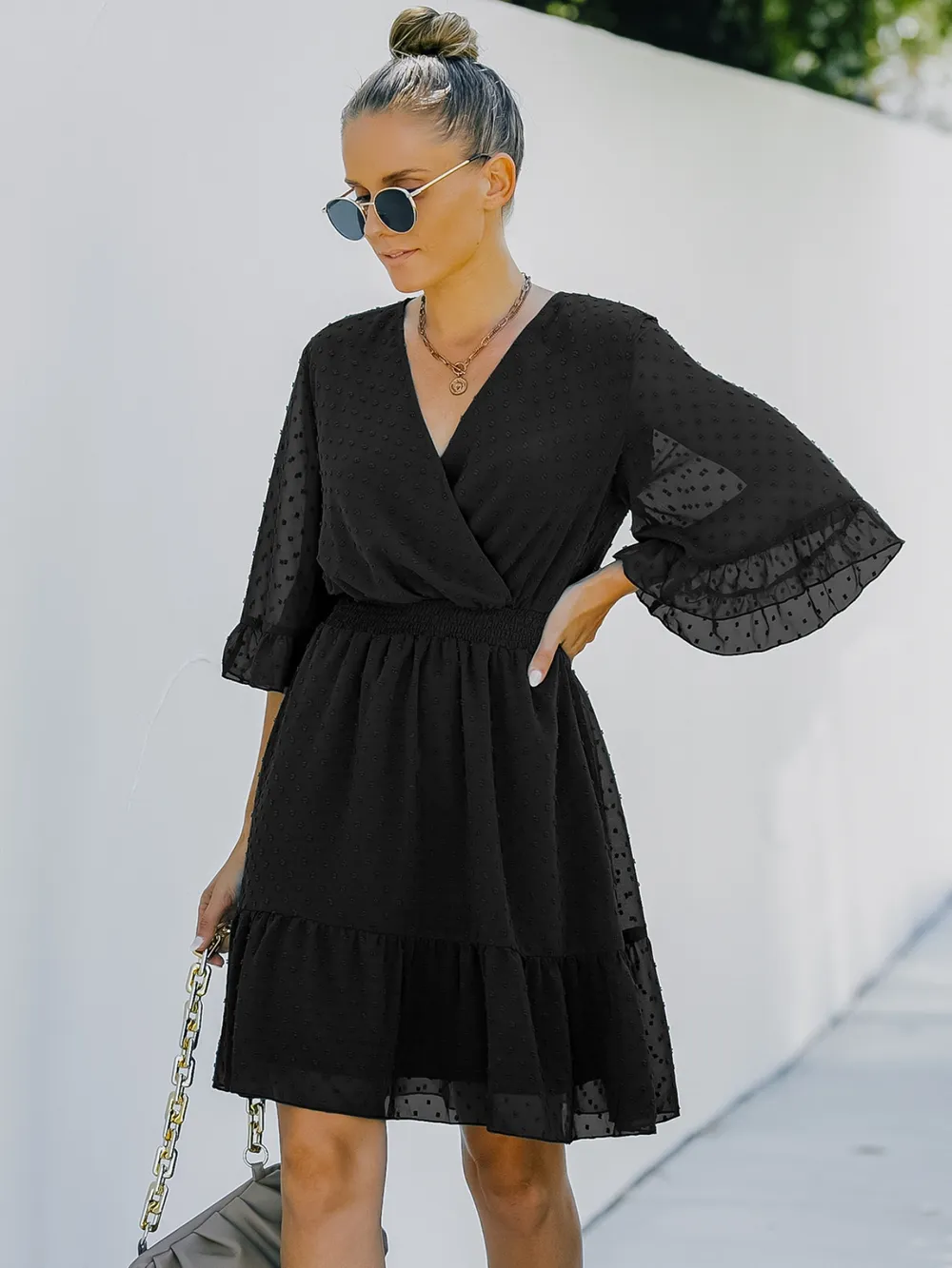 Swiss Dot Flare Sleeve Wrap Mini Dress, image 12