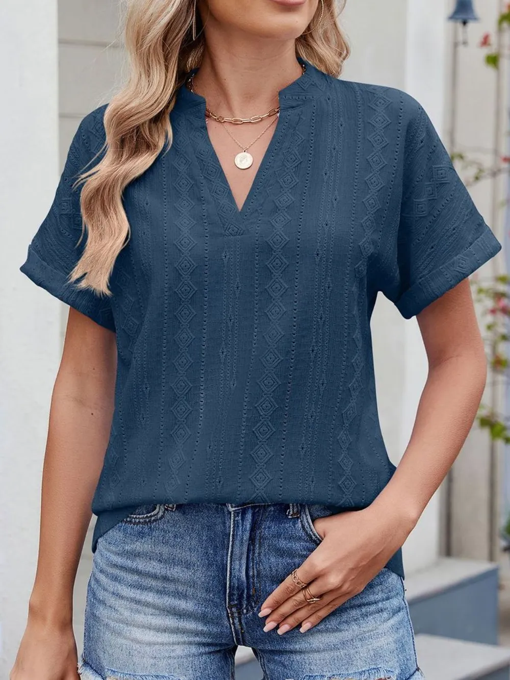 Eyelet Notched Short Sleeve Top, image 15