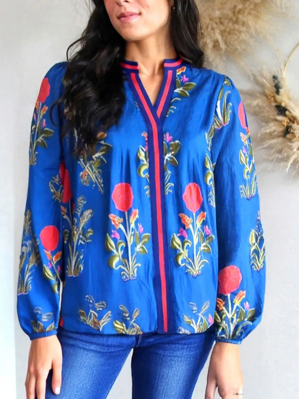 Floral Notched Balloon Sleeve Blouse, image 2