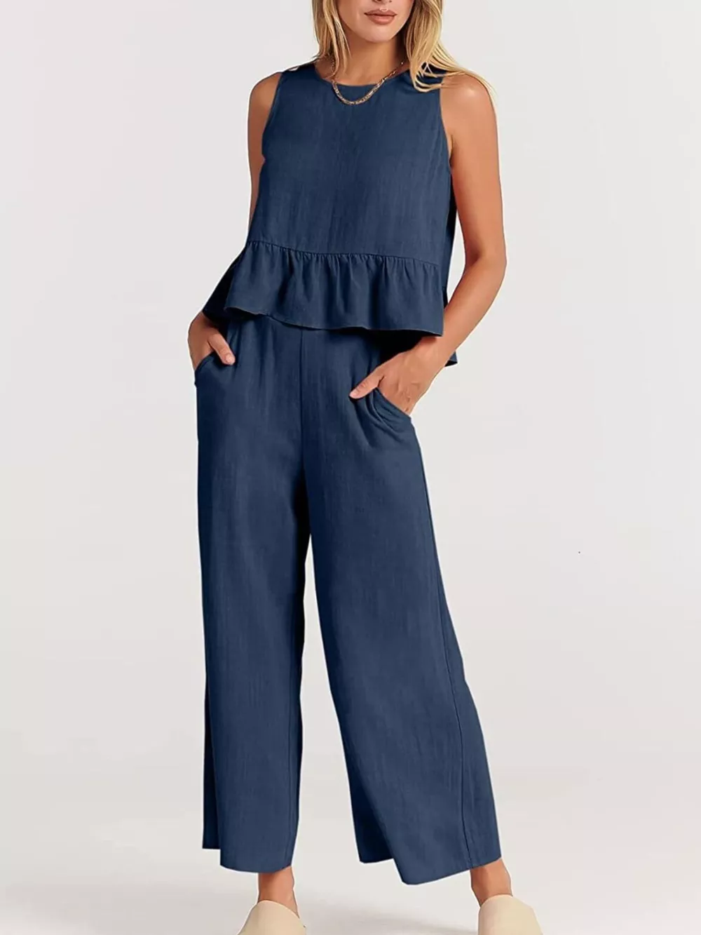 Full Size Ruffled Hem Sleeveless Top and Wide-Leg Pants Set Plus Size, image 24