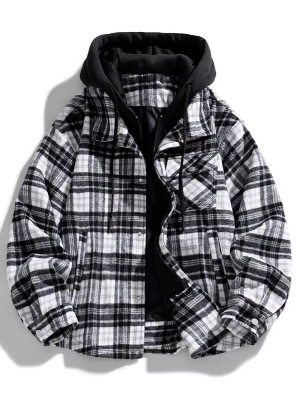 Men's Plus Size Drawstring Hooded Plaid Shirt Jacket, image 5