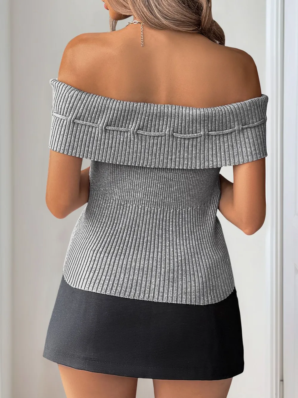 Tied Off-Shoulder Short Sleeve Knit Top, image 5